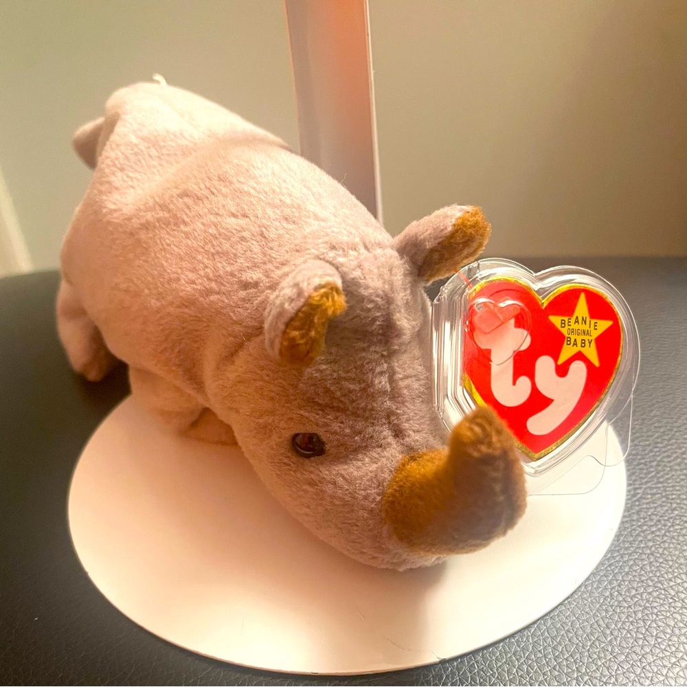 Beanie Baby Spike the Rhinoceros, rare with tag errors.